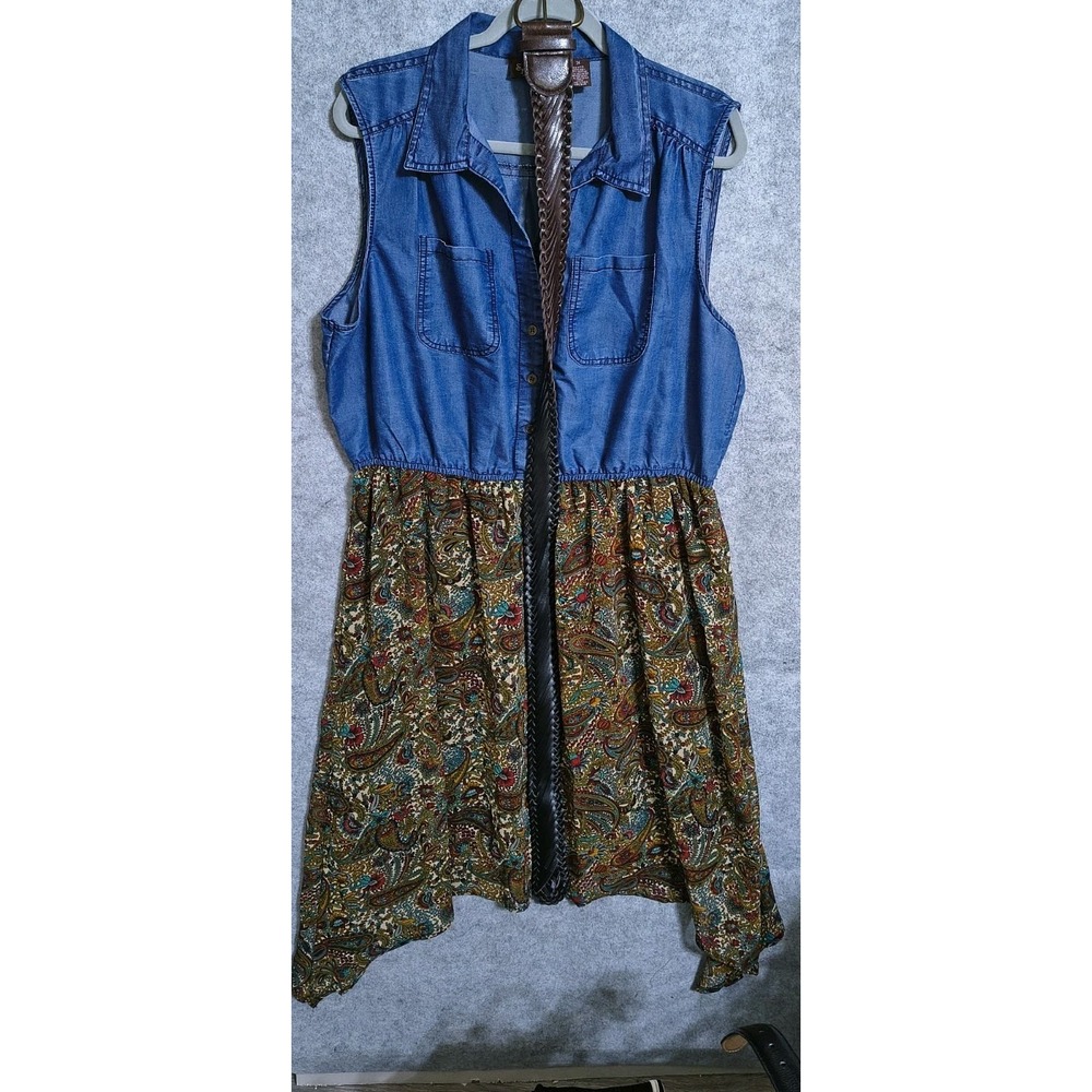 Speed Control NY Midi Dress 44" Sz 3XL Sleeveless Denim Over Paisley Sheer Skirt